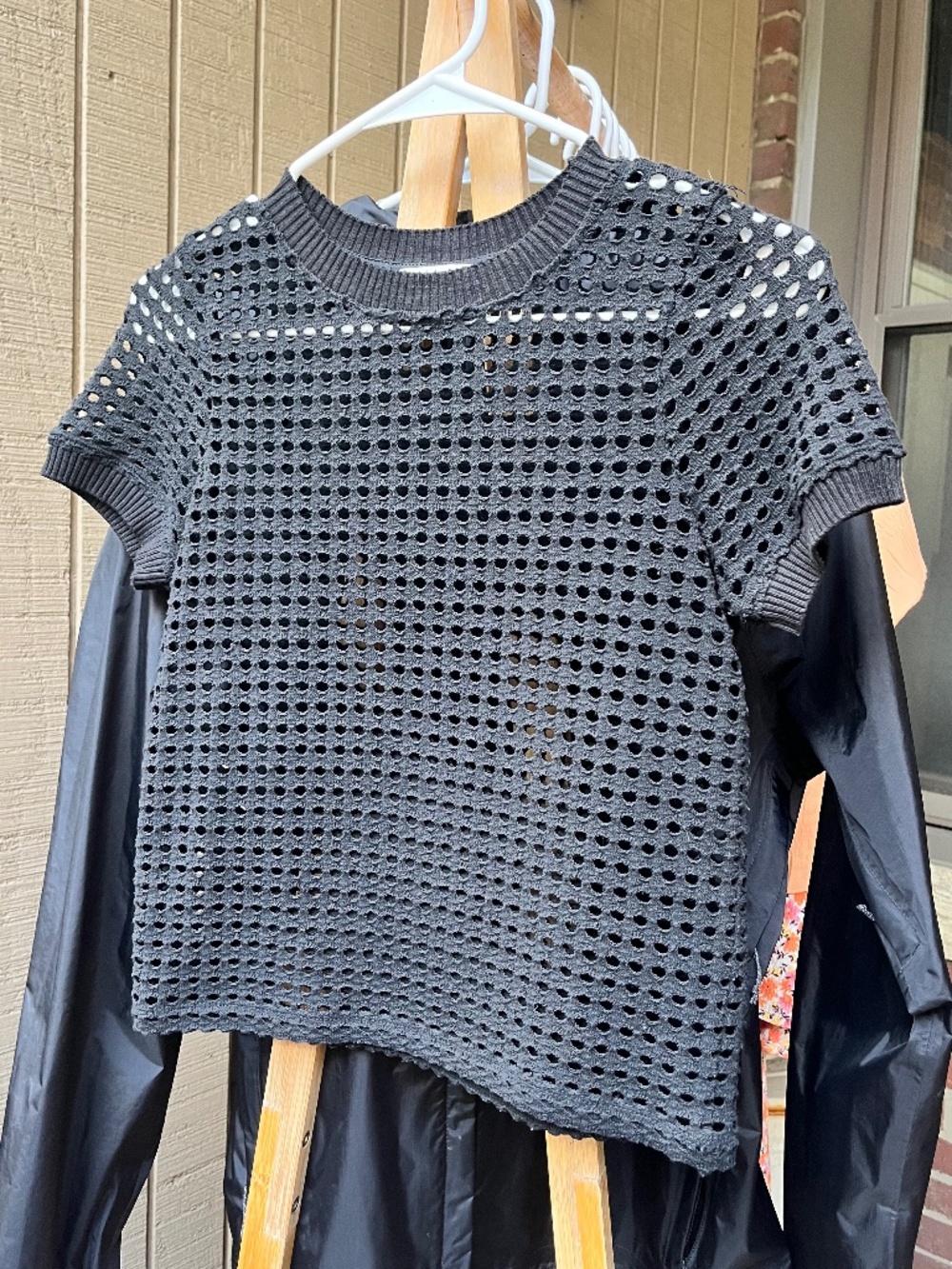 Mango Open Knit Top, Short Sleeve, Black, Size XS